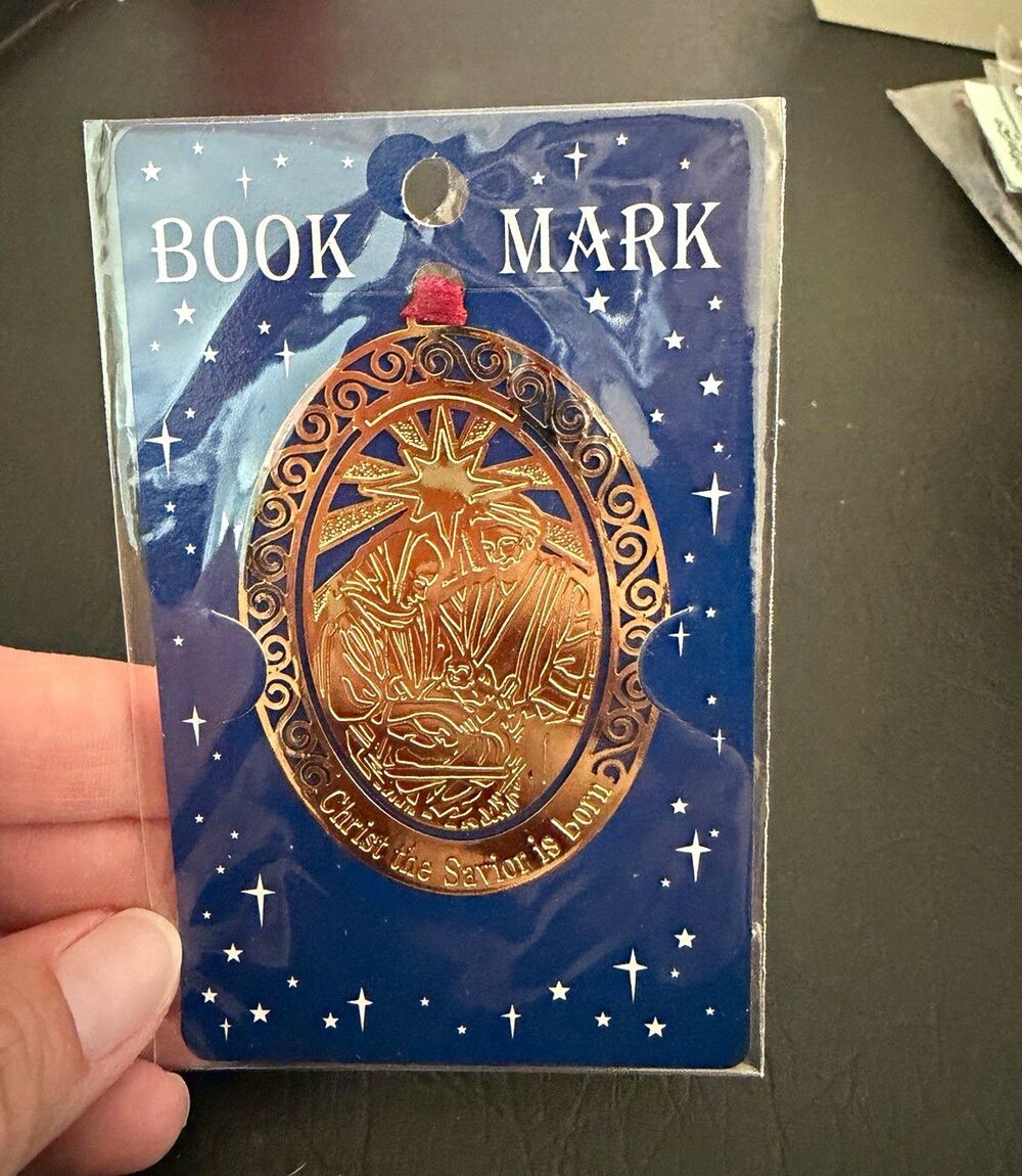 Gold Tone Nativity Oval Metal Bookmark w/ Red Ribbon, Religious Theme